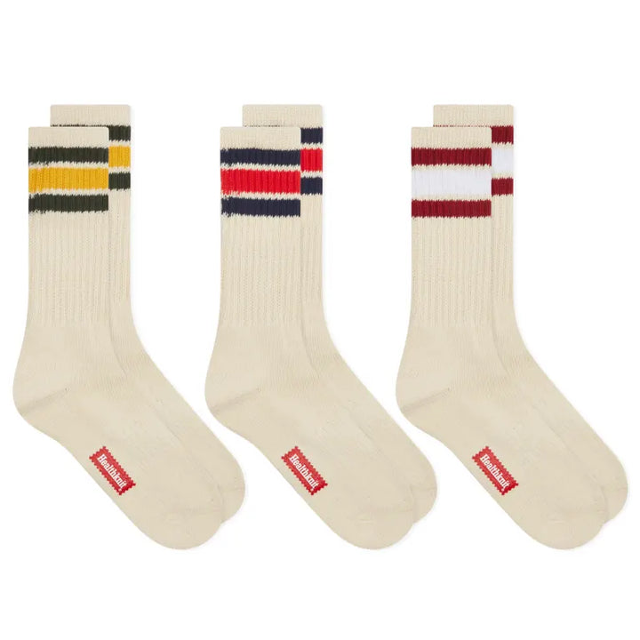 Healthknit - 3 Pack Striped Crew Socks - Off White Multi Stripe