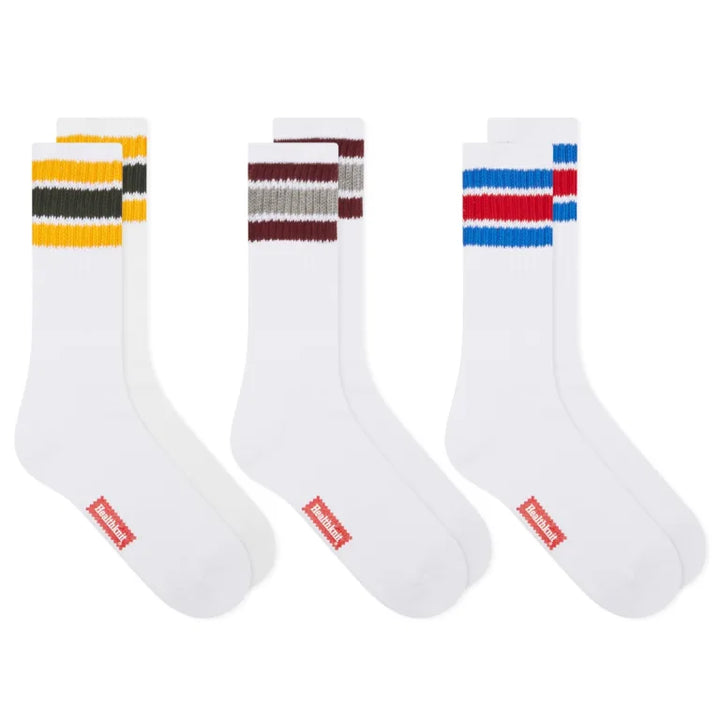 Healthknit 3 Pack Striped Crew Socks - White Multi Stripe