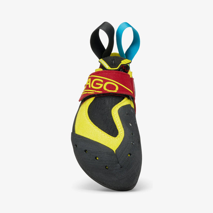 Scarpa Drago Kids climbing shoe, heel and Velcro strap detail