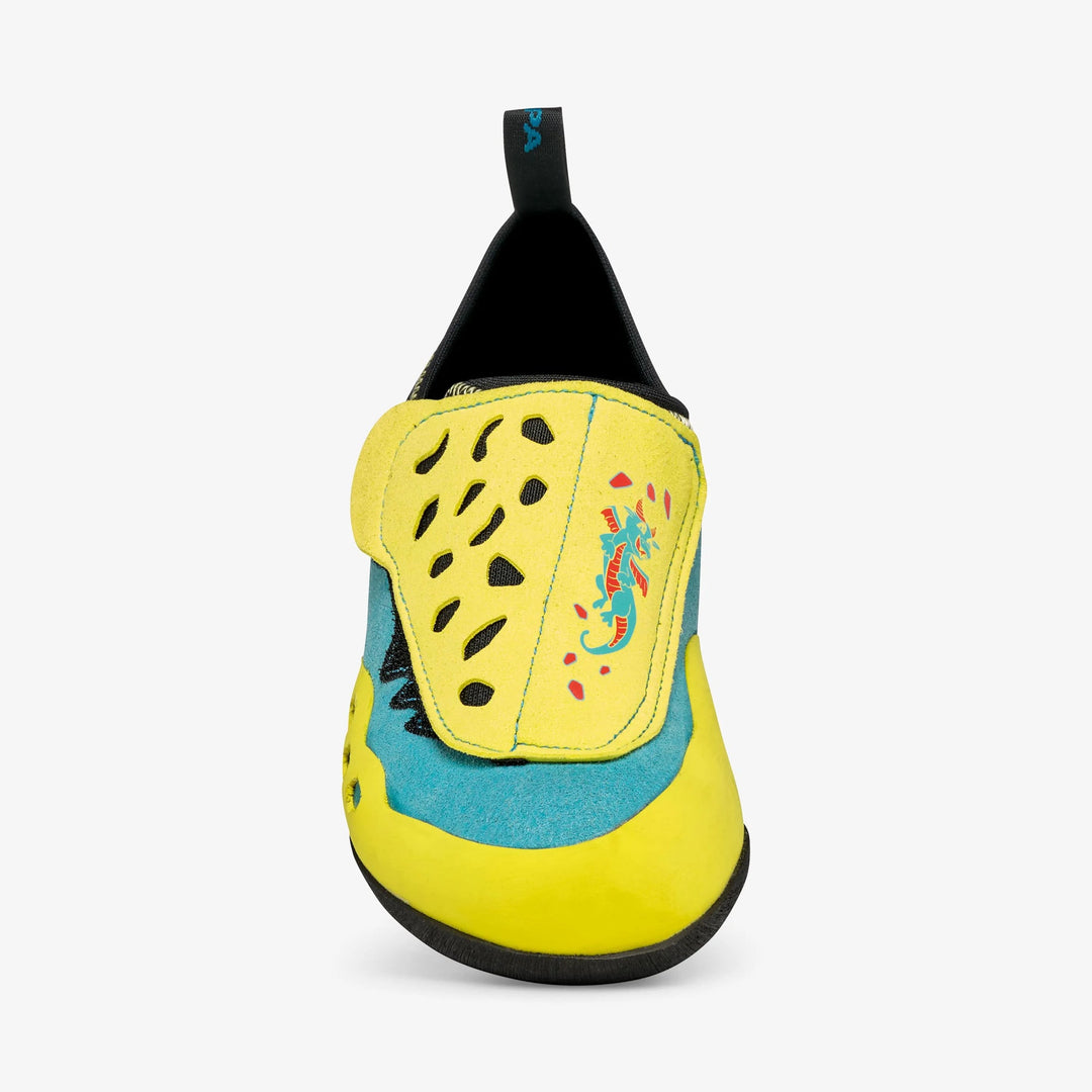 Scarpa Piki J kids climbing shoe, heel and strap detail