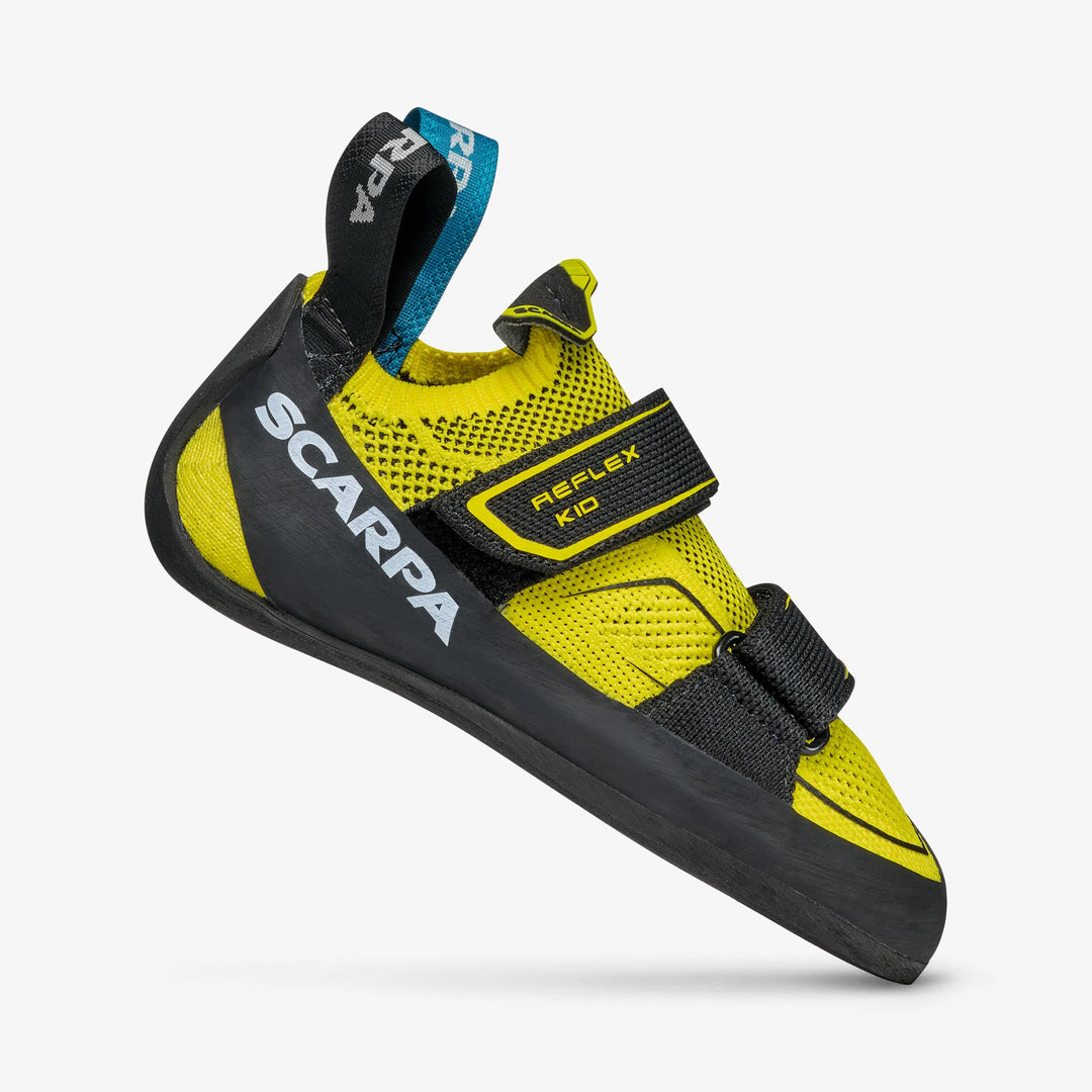 Scarpa Reflex V Kid climbing shoe, black and yellow, side profile
